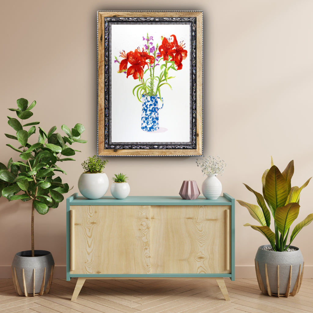 Lilies in Splatterware Jug (Blue)