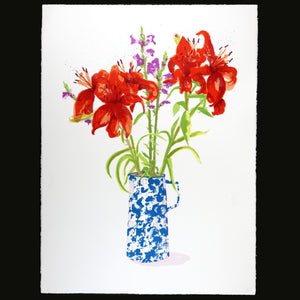 Lilies in Splatterware Jug (Blue)